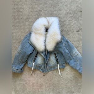 Crop fur collar jean denim jacket coat